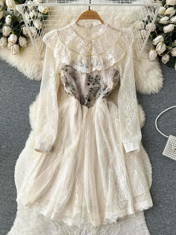 French Vintage Flower Jacquard Patchwork Lace Sweet Dress Women  