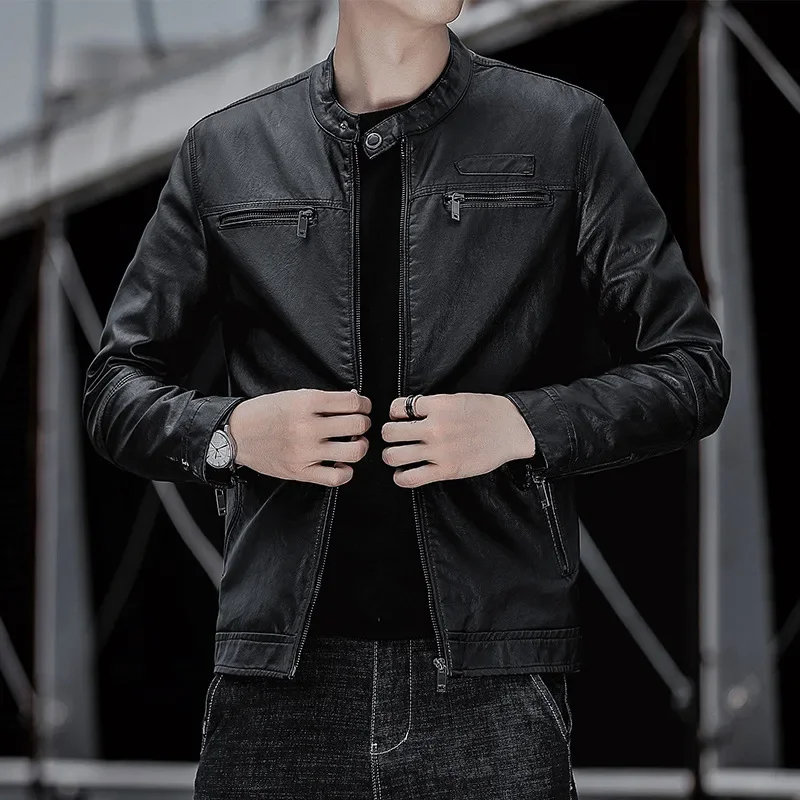 

PU Leather Jacket Spring New Style Leather Jacket Stand Up Collar Leather Motorcycle Coat