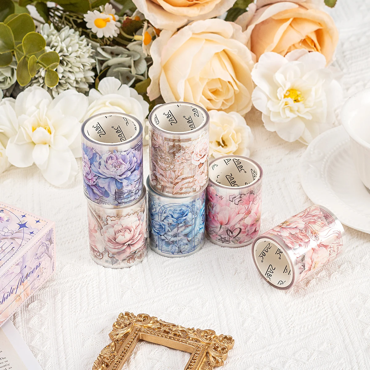 6 rolls of bright floral pattern PET waterproof tape for DIY notebook and scrapbook decoration tape, stationery decoration tape 6