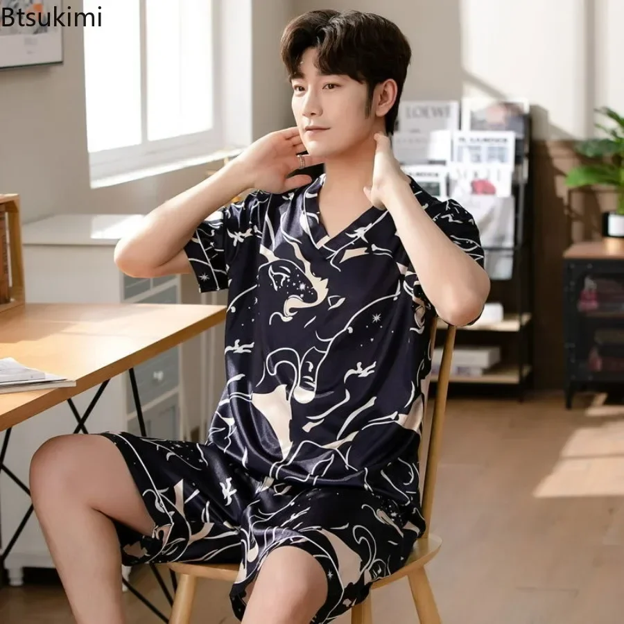 New Men's Summer Silk Pajama Sets Print Short Sleeve Pullover Tops and Shorts Homewear Suit Men Satin Casual Nightwear Sets