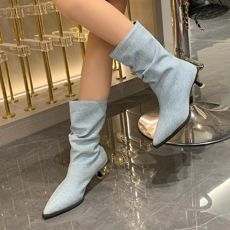 

Женская обувь, распродажа 2023, модные женские ботинки на молнии, Осенние ковбойские ботинки с острым носком, однотонные короткие ботинки на шпильке или тонком каблуке