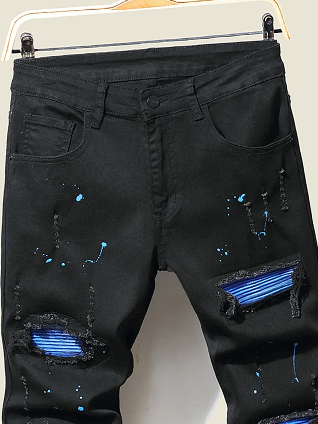 Men's Jeans Cool Ripped Skinny Trousers Stretch Slim Denim Pants Patchwork Hip Hop Black Blue Casual Jogging Jeans for Men
