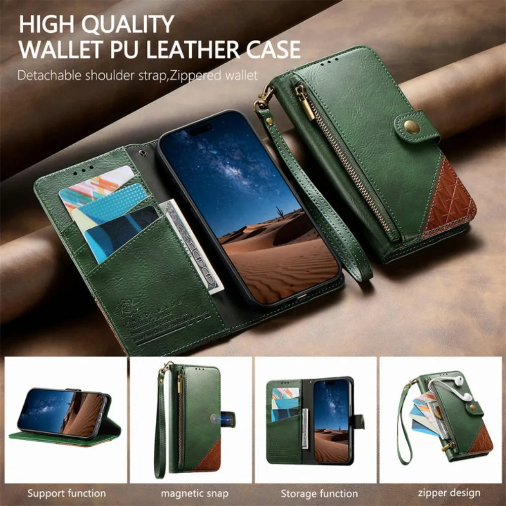 Zipper Wallet Leather Flip Case with RFID Protection and 7-Card Slots