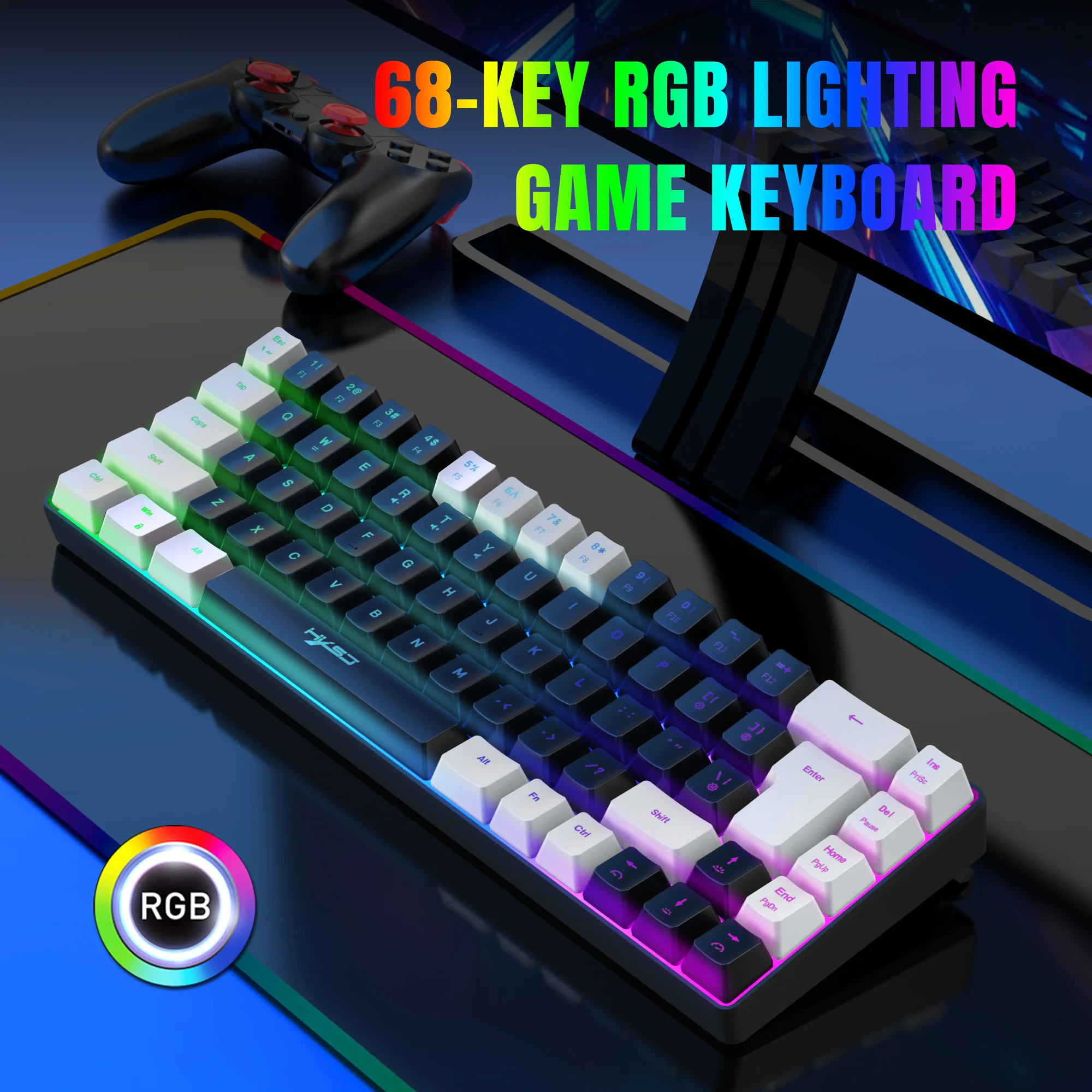 68 키 게임용 키보드 USB 유선 휴대용 20 RGB 백라이트 키보드 Windows 노트북 컴퓨터 용 흑백 키캡