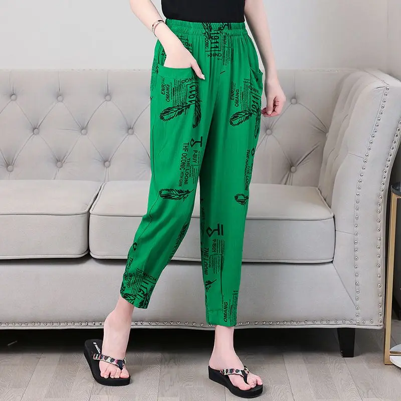 2023 New Summer Retro Art High Waist Printed Bloomers Fashion Thin Oversize Loose Casual Versatile Nine Cent Harem Pants