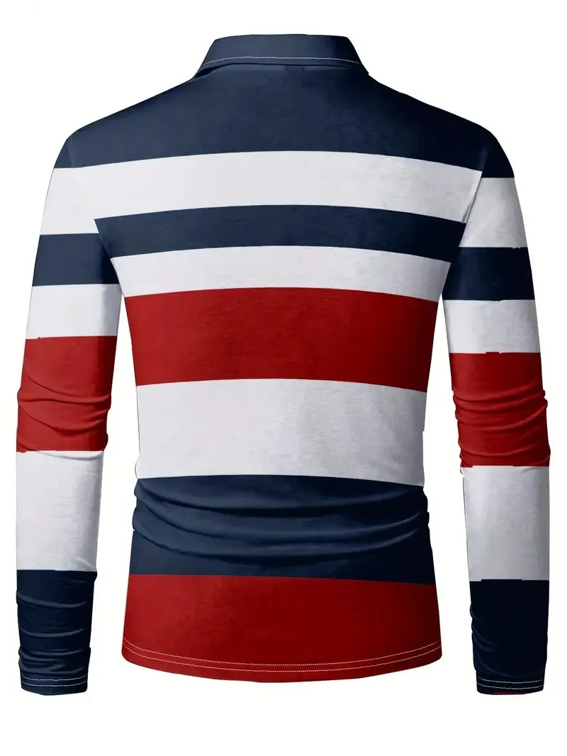 Men's Long Sleeve Spring Autumn 3D Striped Polo Shirt Detailed Knit View