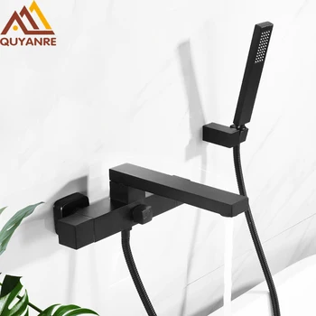 ก๊อกอ่างอาบน้ำสีดำติดผนังก๊อกหมุนได้ติดผนังก๊อกผสมน้ำร้อนเย็นสำหรับห้องน้ำก๊อกน้ำแบบสองมือจับก๊อกน้ำอ่างอาบน้ำ 1