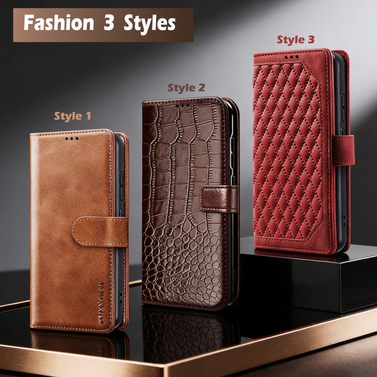 Leather Flip Wallet Phone Case with Magnetic Stand