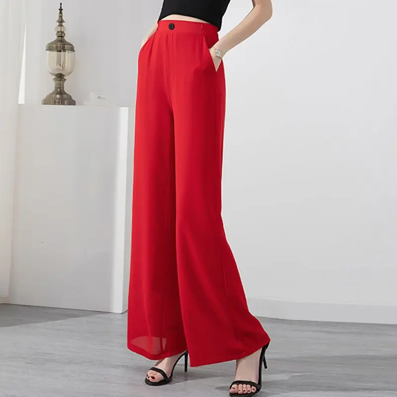 

2023 Summer Commuting Simple and Fashionable High Waist Button Back Elastic Belt Solid Color Versatile Women's Wide Leg Pants