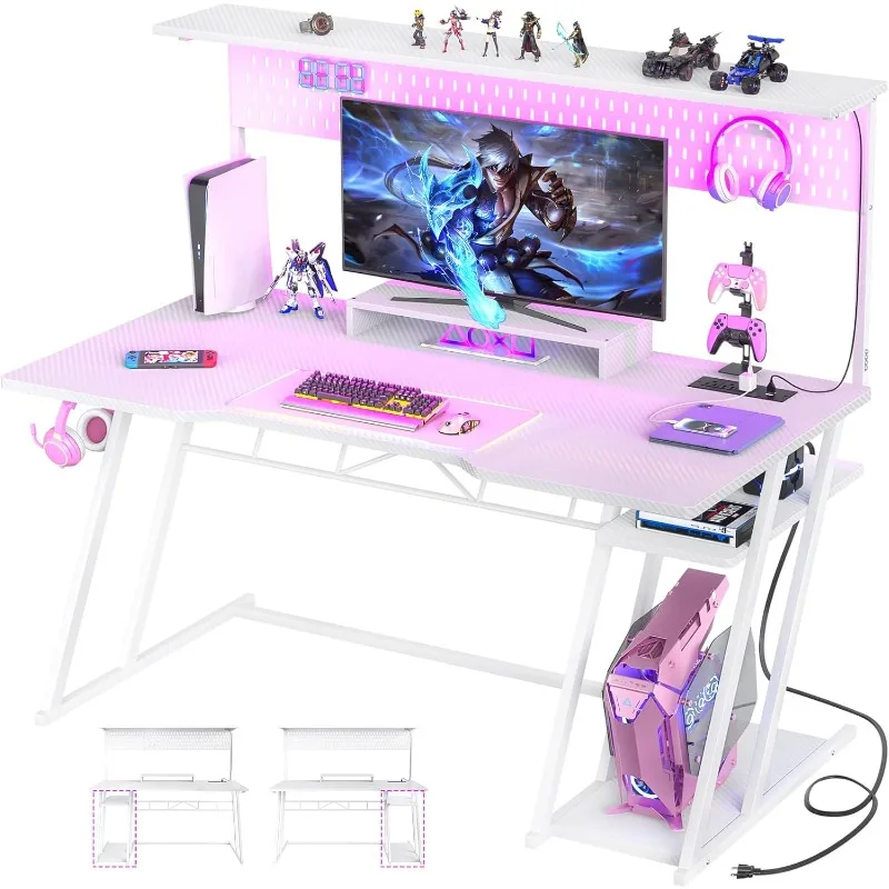 

55'' White Gaming Desk with Hutch and LED Lights, Gaming Computer Desk with Storage Shelves & Z-Shaped Legs,