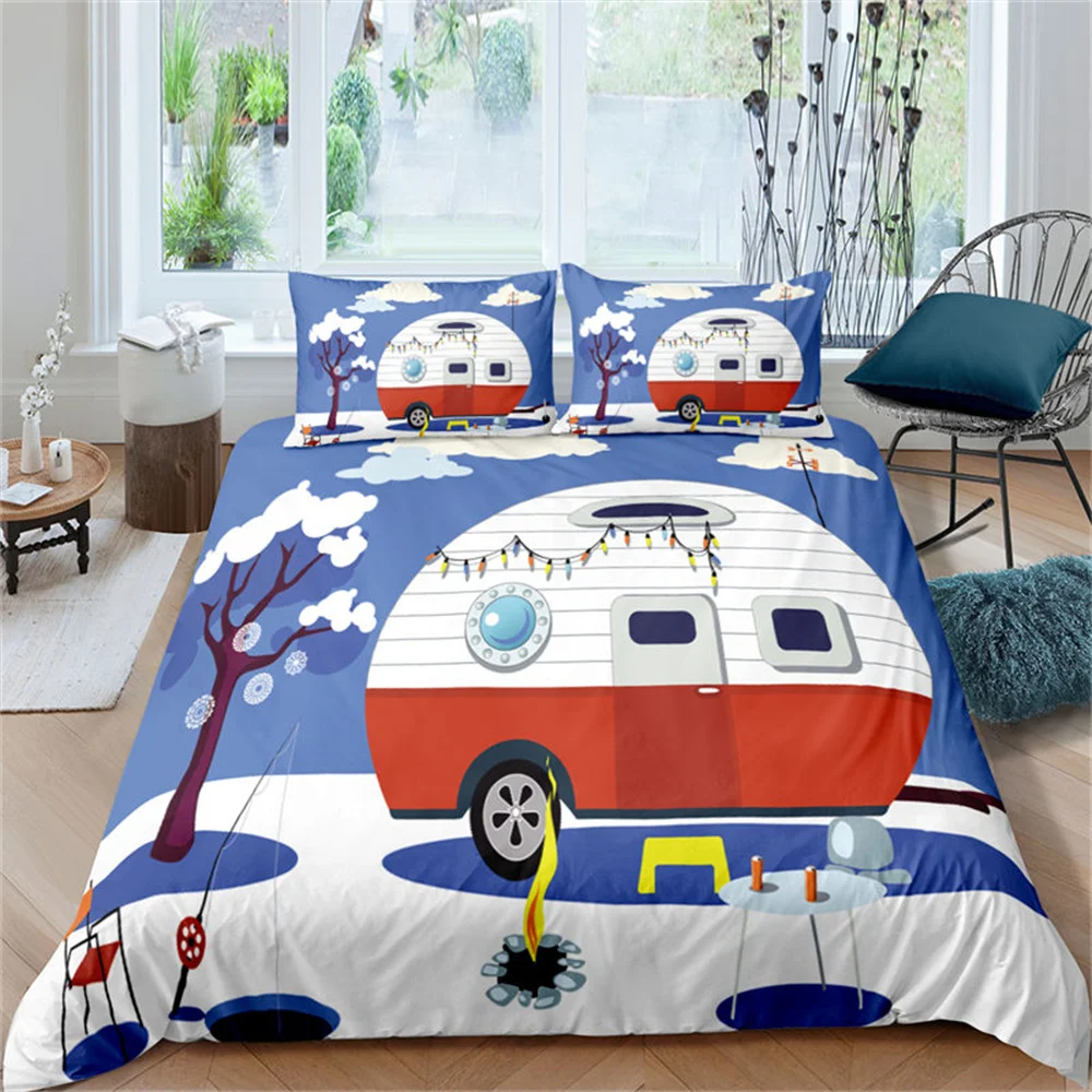 Campeggio Camper Cartoon Car Boy Kids Trapunta Durex Twin Full King Size 3 Pezzi Copripiumino Biancheria Da Letto Set Copriletto 200X200 240X220