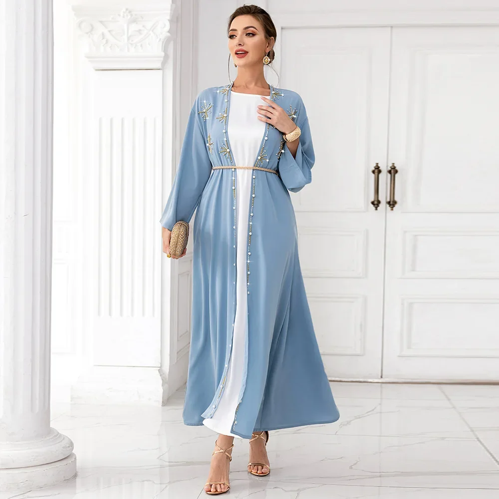 

Women Eid Muslim Abaya Arab Dubai Cardigan Long Robe Pearls Ramadan Solid Diamonds Travel Abayas Casual Kaftan Vacation