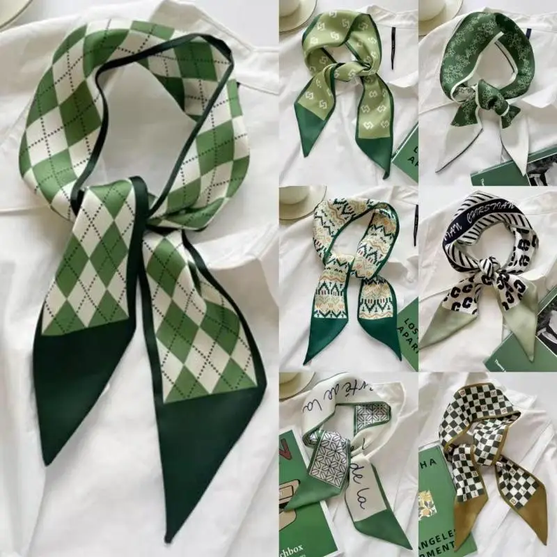 Elegant Khaki Nude Silk Hair Scarf with Vintage Satin Bow Design