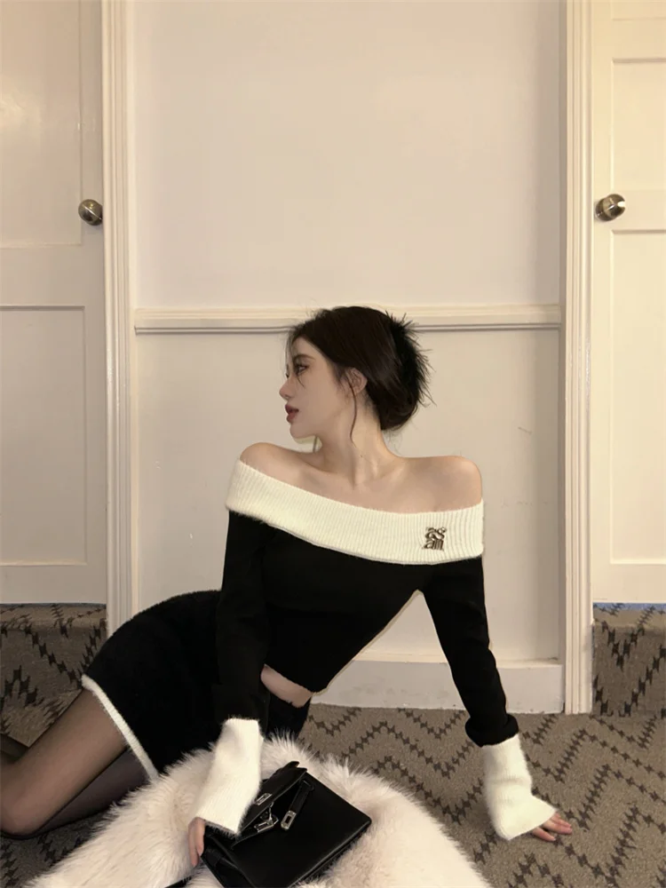 Fashion Knitted Piece Set Women Off Shoulder Sweater Bodycon