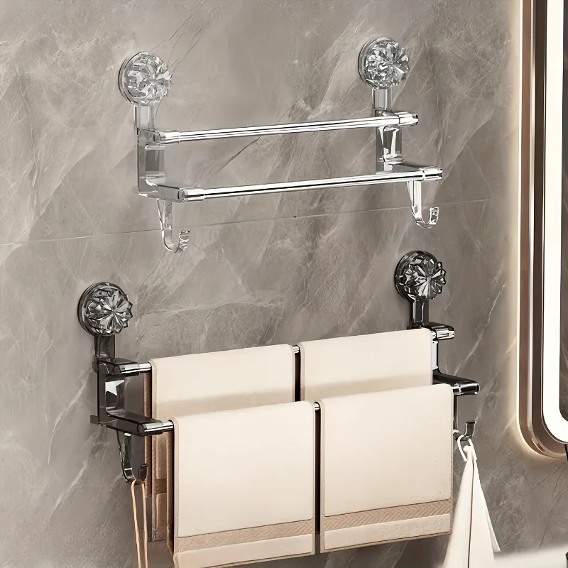 Dual-layer Suction Cup Towel Rack Non Punching Strong Bath Towel Holder Shower Door Bar Rack Bath Holder with Hook
