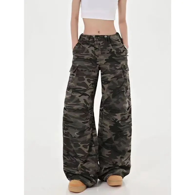 Deeptown Camouflage Cargo Pants for Women High Street Vintage Baggy Jeans Hippie High Waist Gyaru Straight Denim Trousers Korean