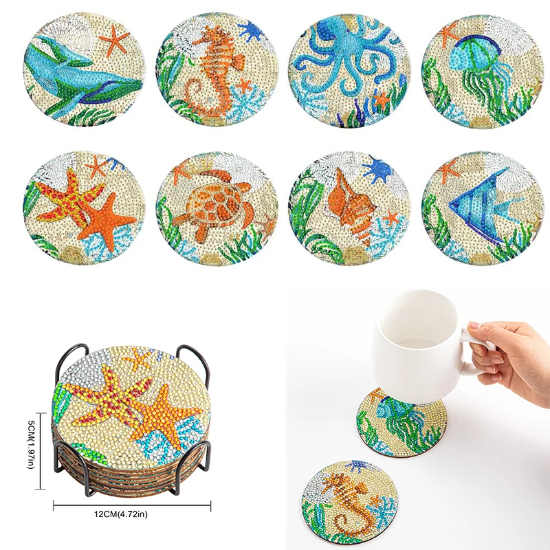 CHENISTORY 8pc/sets Ocean Diamond Painting Coasters Diamond Art Coasters  DIY Crafts for Adults Diamond Diy Gift Home Decors