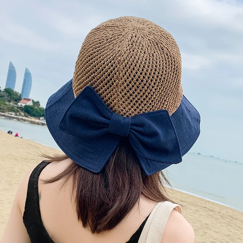 Women's Dome Hollow Out Sun Hats Summer Fashion Big Bow Fisherman