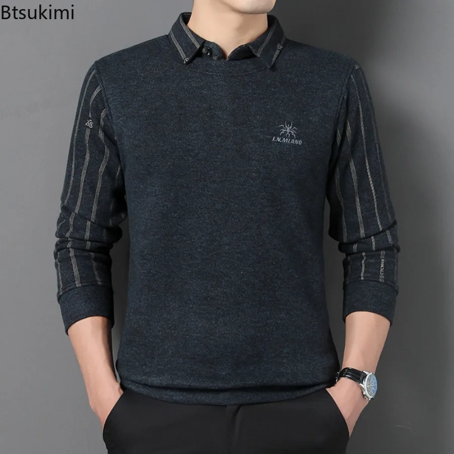 

2024 Men's Winter Thickened Fake Two Piece Polo Shirts Tops Fashion Business Casual Stripe Warm Pullover Bottoming Tops for Men
