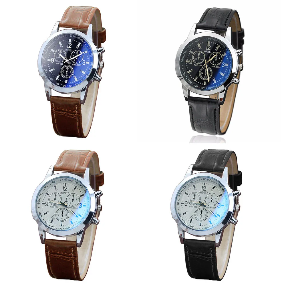 

Luxury Blu Ray Glass Watches For Men Neutral Quartz Simulates The Wrist Watch Brand Casual Leather Strap Watches Reloj Hombre