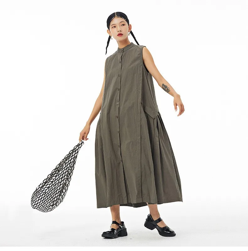 Cotton Linen Dress khaki    Women’s temperament original sleeveless loose slimming dresses for woman Spring summer womens fashion season
