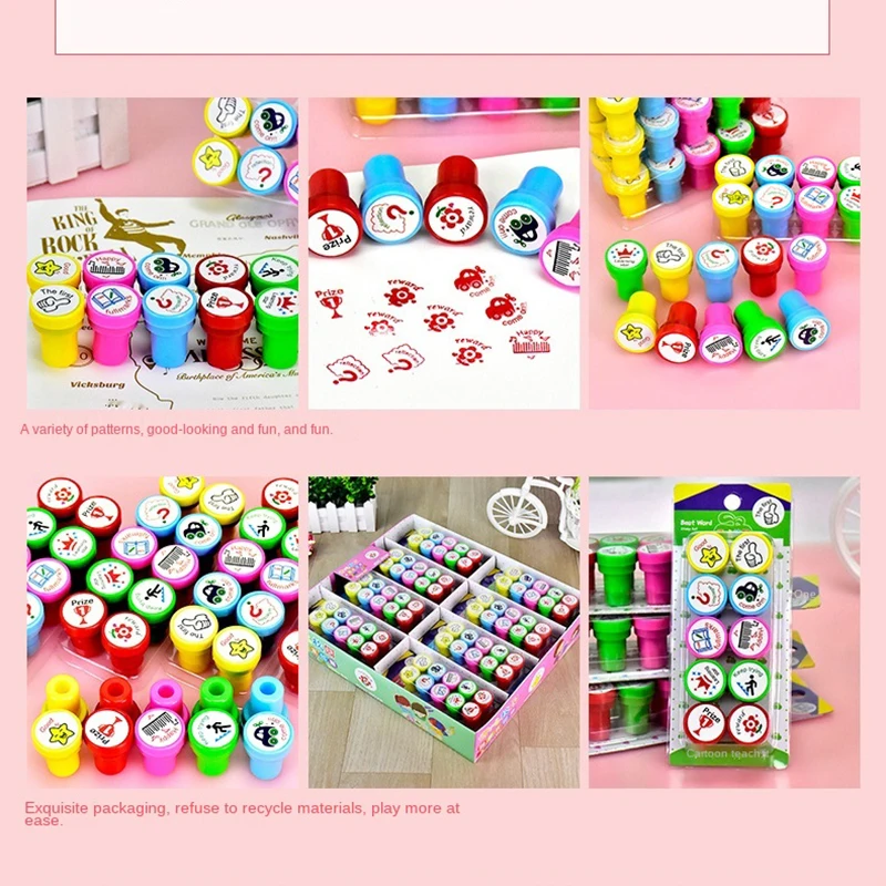 10 Pcs Round Multicolor Cartoon Star Crown Reward Pattern Stamp Children DIY Scrapbook Kids Plastic Stamps Toys Teacher Supplies