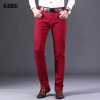 Brand Classic Style Men's Wine Red Jeans Fashion Business Casual Straight Denim Stretch Trousers Male Denim Pants Korean reviews