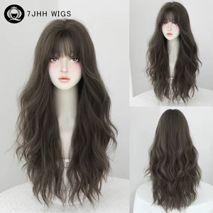 7JHH WIGS Heat Resistant Body Wavy Cool Brown Hair Wigs with Neat Bangs High Density Synthetic Loose Wave Brown Wig for Women