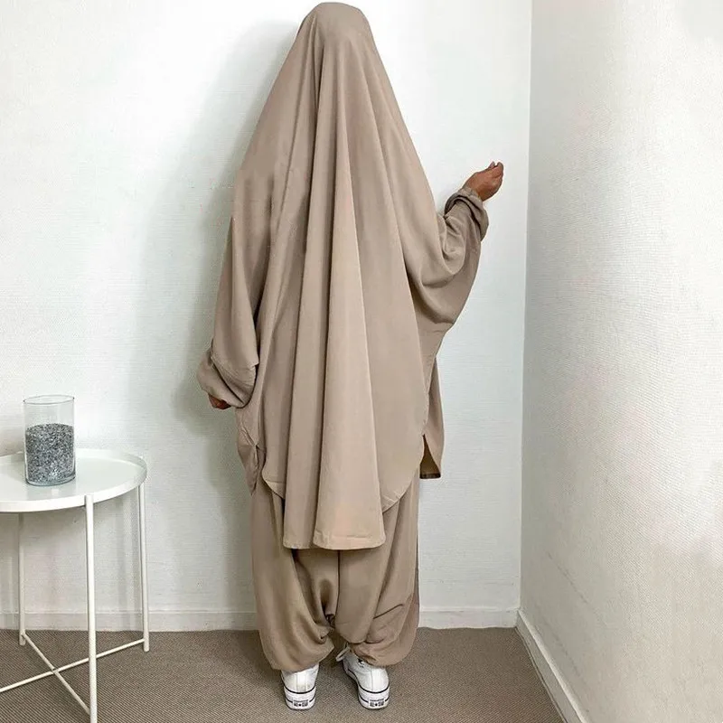Eid Muslim abayas for women 2 pieces Prayer Garment jilbab with pants Ramadan Abaya Set Islamic Clothes long khimar with sleeve