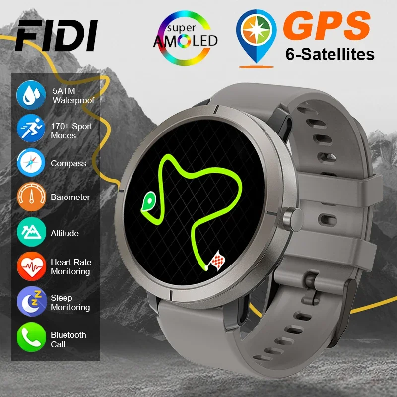 Smartwatch Sportivo GPS con Schermo AMOLED da 1,32'', Impermeabile 5ATM, Batteria da 360mAh, Altimetro, Barometro e Bussola
