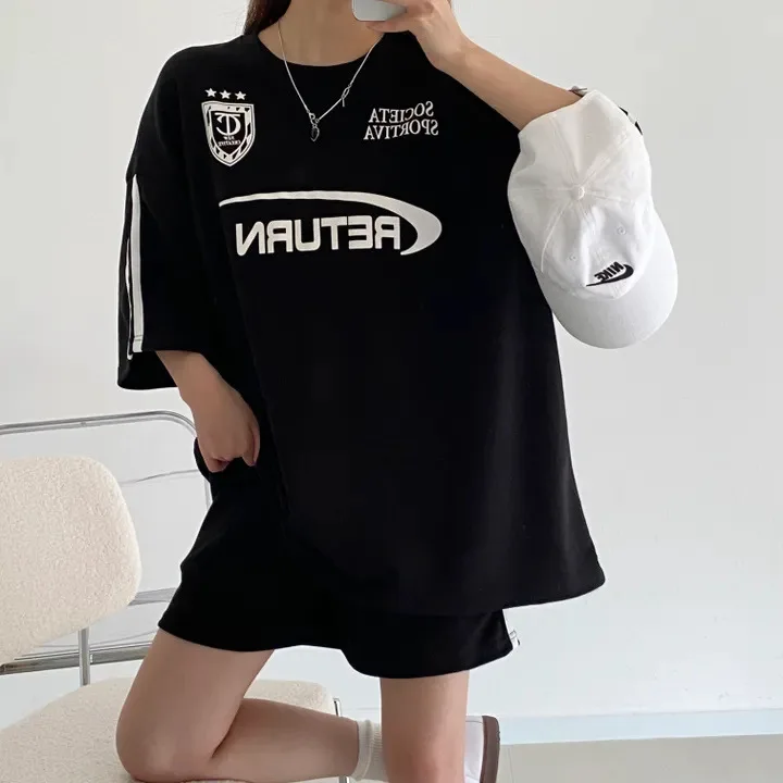 High Waist Shorts 2024 New Fashion Vintage Loose Suits For Women Casual Streetwear Straight Two Piece Shorts Sets Y2k Tracksuits