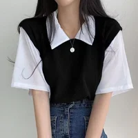 Haut à col polo bloquant les documents de style académie d'été pour femmes, faux t-shirt deux pièces à manches courtes, chemisier décontracté polyvalent, paresseux, adt 6