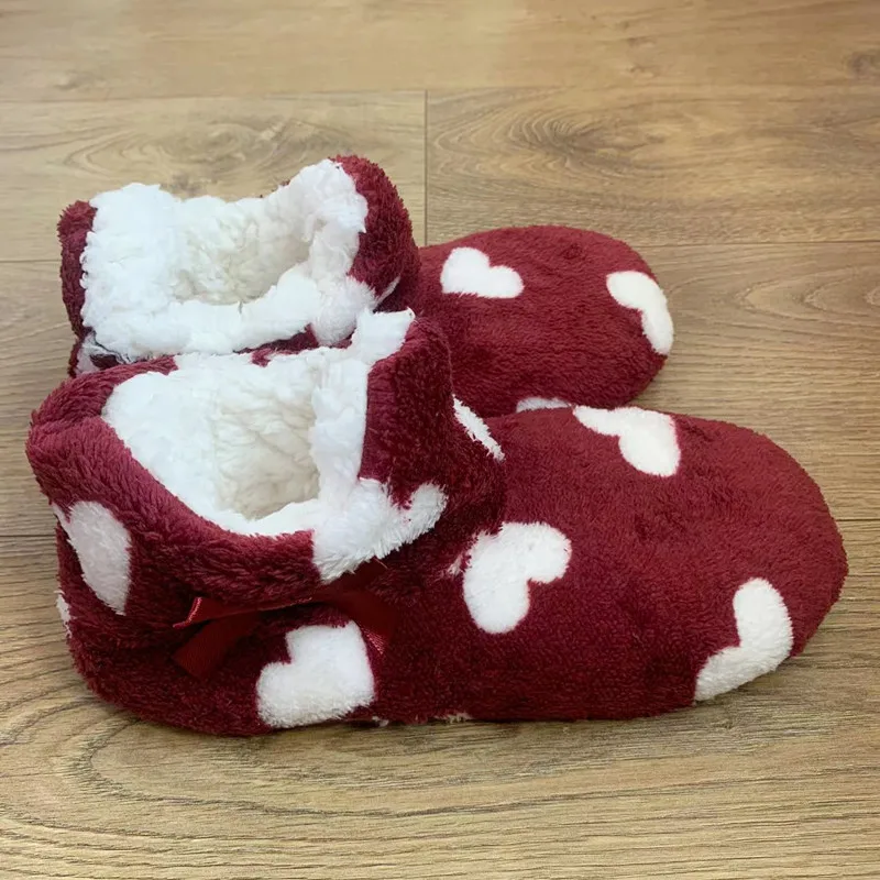 House Slipper Boot Women Heart Love Winter Warm Non Slip Fleece Soft Indoor Plush Cotton Female Home Floor Shoes Men High Tube