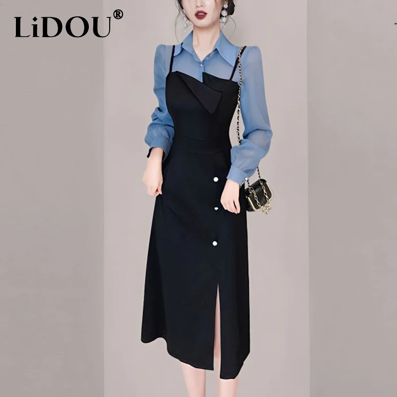

Spring Autumn Office Lady Elegant Fashion Vintage Midi Dress Female Long Sleeve Temperament Patchwork Robe Women Slit Vestidos