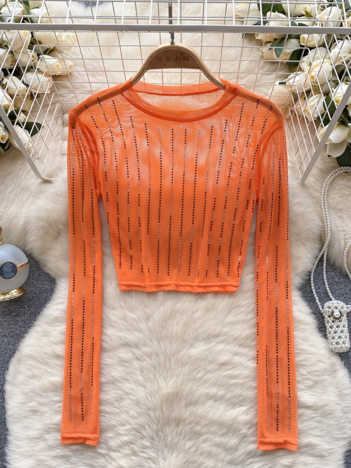 Women's Heavy-du Rhinestone Embellied Slim-fit ort Sexy See-tough Me Crop Top Pure Color Long Sve Base irt