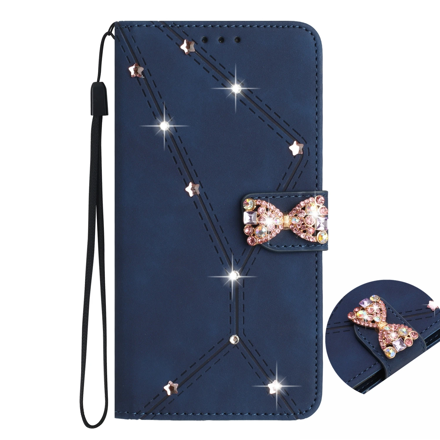 Luxury Rhinestone Wallet Case with Bow - Leather Flip Cover with 3 Card Slots and Anti-Drop Protection