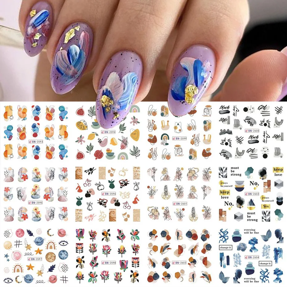 12 pcs Nail Sticker Set Summer Water Decal Nail Art Ink Flowers Leaves Graffiti Slider for Nail Decoration Foils Tattoo 6