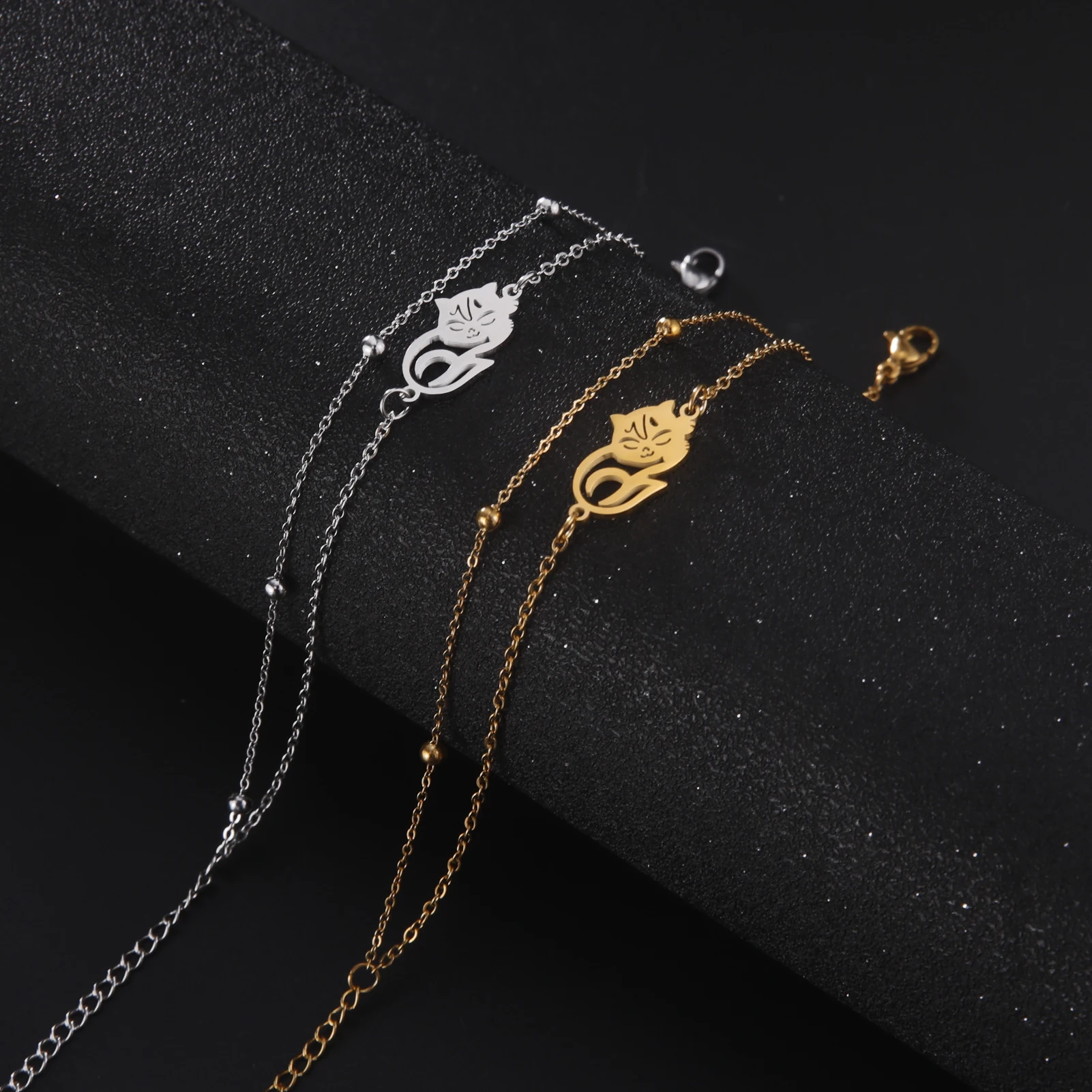 Cute Lying Cat Charm Bracelet for Women Stainless Steel Animal Kitten Wax Rope Hand Bracelet Jewelry - PeticaDeals