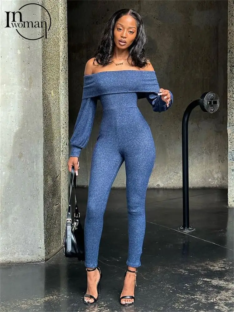 

Inwoman Blue Sexy Off Shoulder Jumpsuit Party Club Outfits For Women 2023 Fall Long Sleeve Strapless Activewear Bodycon Romper