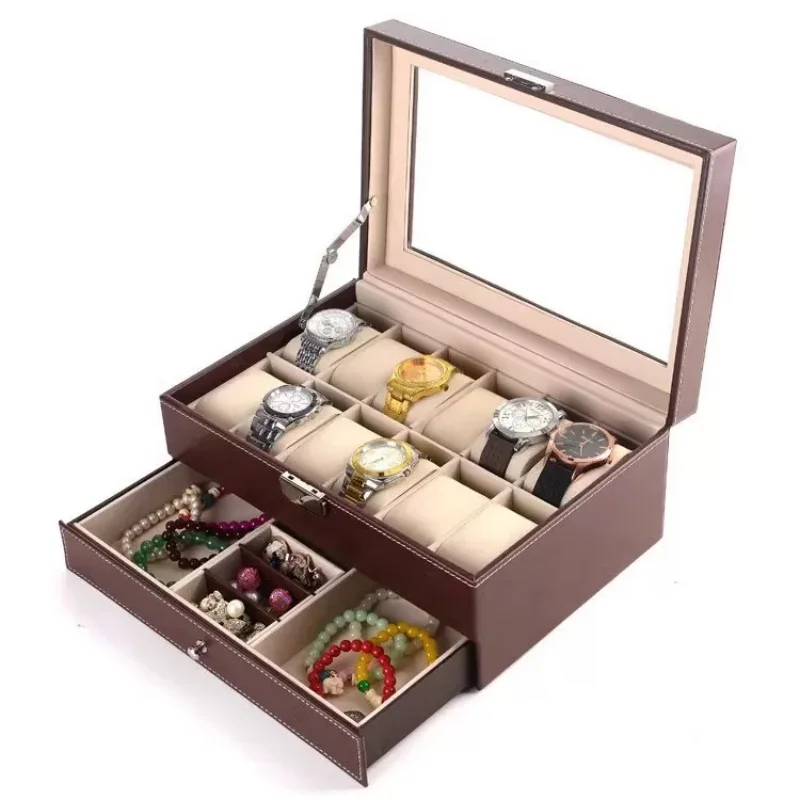 12-Slot PU Leather Lockable Watch Storage Box with Two-Tier Organizer, Secure Jewelry D... - SKU LWSB1516 - UGI Packaging