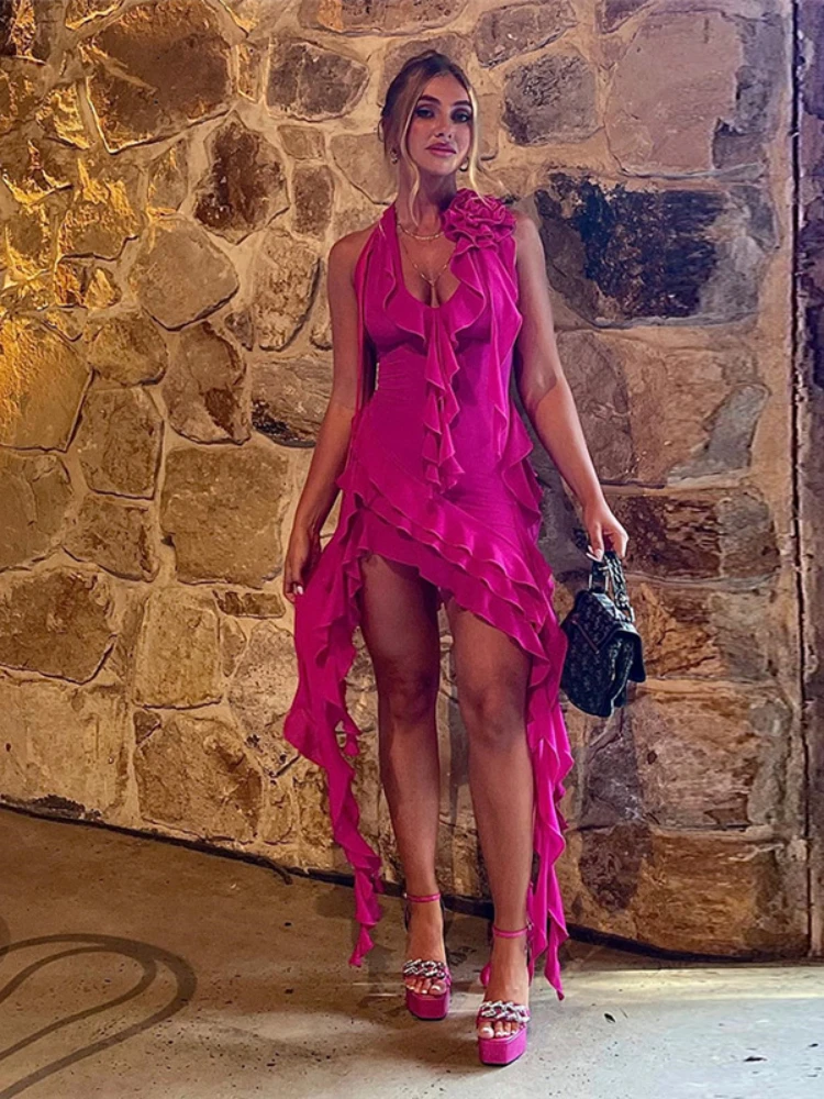 

WeiYao Ruffles Mesh Dress Sexy Backless See Through Lace-up Halter Dress Women's Summer Bodycon Dresses for Beach 2023 Fashion