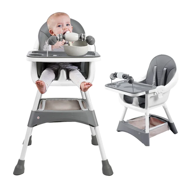 Baby High Chair, Portable Baby Dining Chairs Eat & Play Convertible High Chair with Double-Layer Dinner Plate and Toy Rack 1