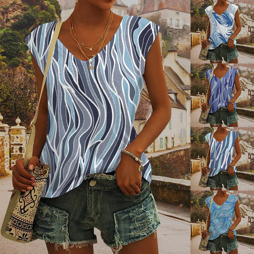 

Women's Fashion New V-neck Vest Printed 3D Striped Pattern Summer Casual Breathable Refreshing Vest Oversized Women's Top T-shir