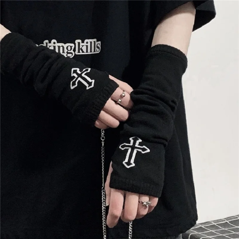Punk Emo Style Streetwear Women Wrist Arm Warmer Knitted Long