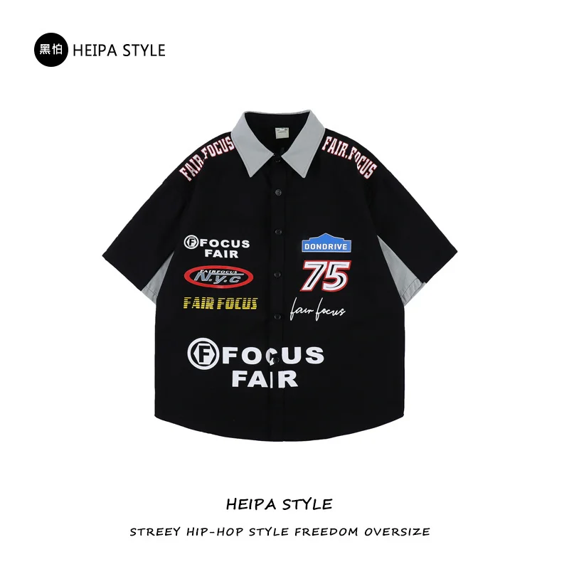 

American street style hip hop racing short sleeve shirt men's loose national fashion brand design sense of small crowd ruffian