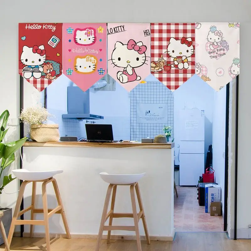 New Sanrio Hello Kitty Triangle Flag Curtain Cute Magic Tape Curtains For Windows Living Room Bedrooms Kitchen Houses Decoration