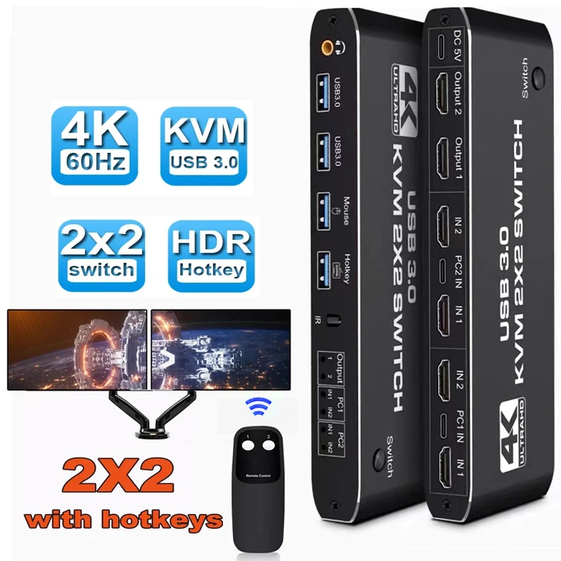 

2x2 HDMI kvm switch 4K 60Hz Dual Monitor KVM HDMI Extended Display USB KVM Switcher 2 in 2 out for 2 Computers Share 2 Monitors