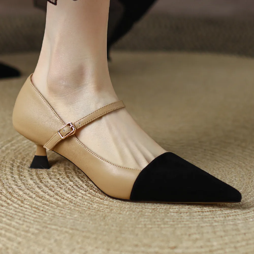 

Women's sheepskin suede leather patchwork metal belt pointed toe mary jane pumps elegant ladies kitten heel comfort heels shoes