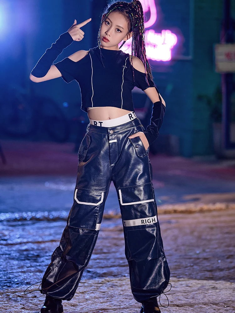 Sparkle Pants Kids Girls Outfits Shiny Crop Top With Cargo Pants