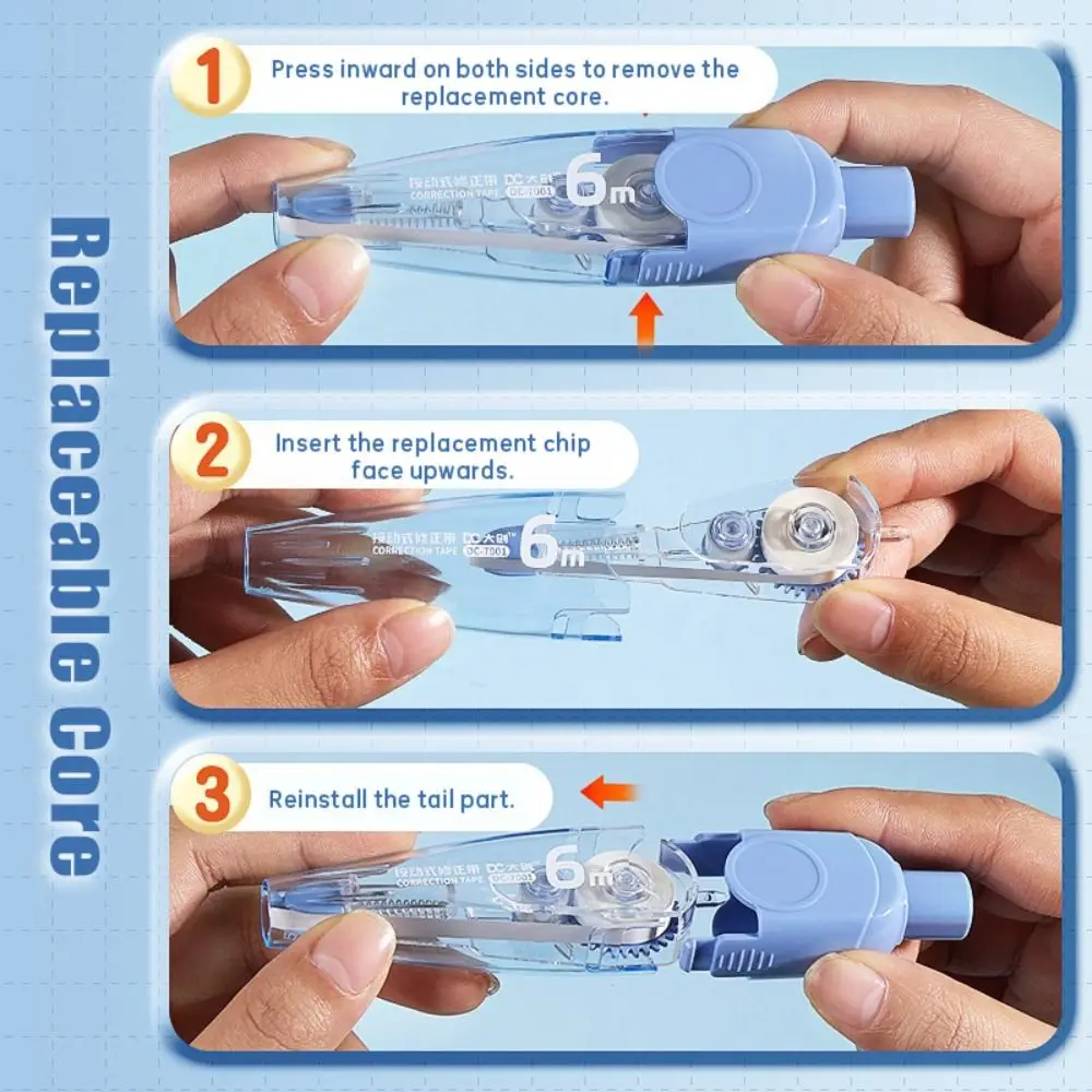 Press Type Portable Correction Tape 6M Large Capacity Replaceable Core Silent Coating Tape Student Back To School Gift